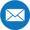 A blue circular icon featuring a white envelope, representing an email symbol.